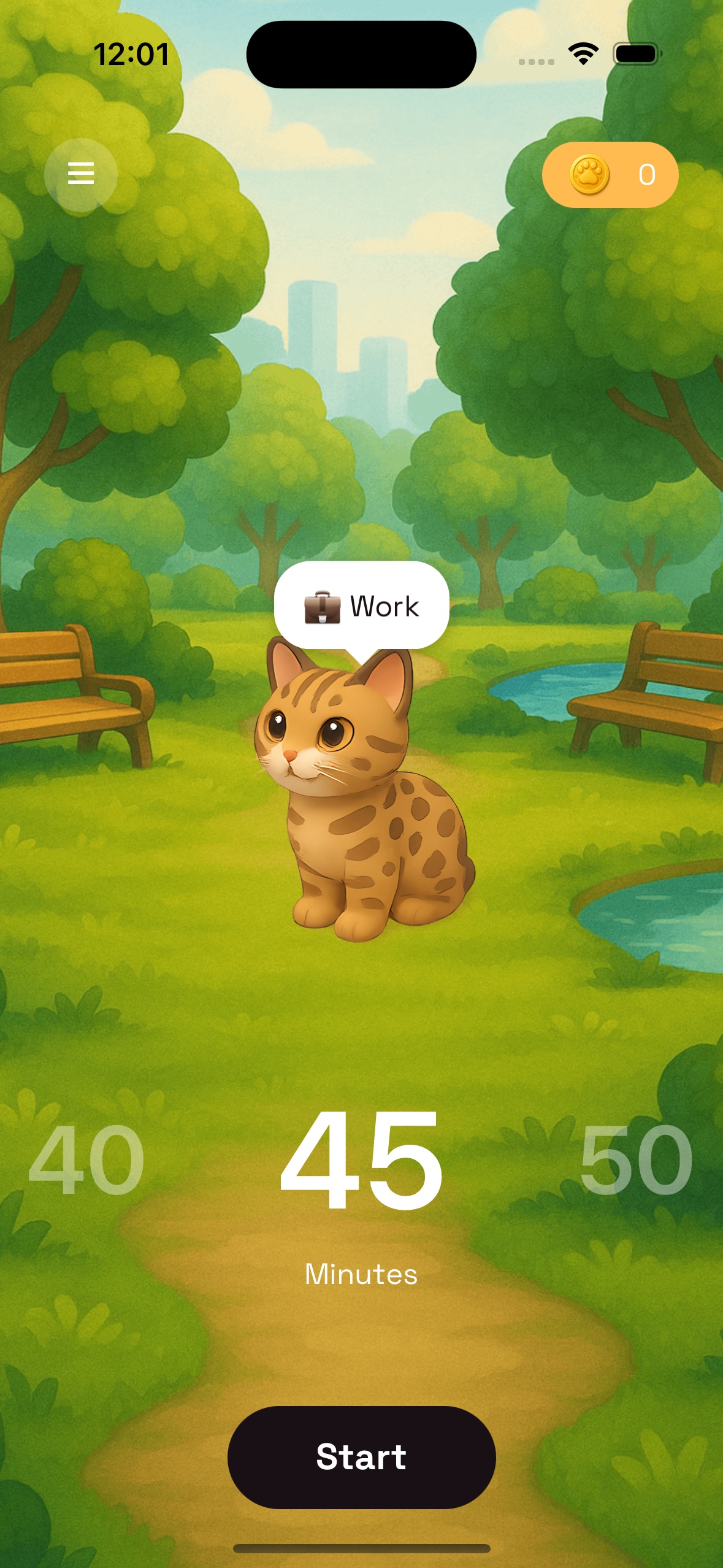 Screenshot of Purrrductive pomodoro timer app - Day Mode with Orange Tabby Cat